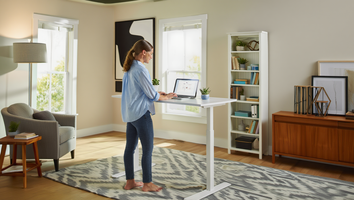 Professional Airbnb host managing vacation rental bookings from home office with standing desk