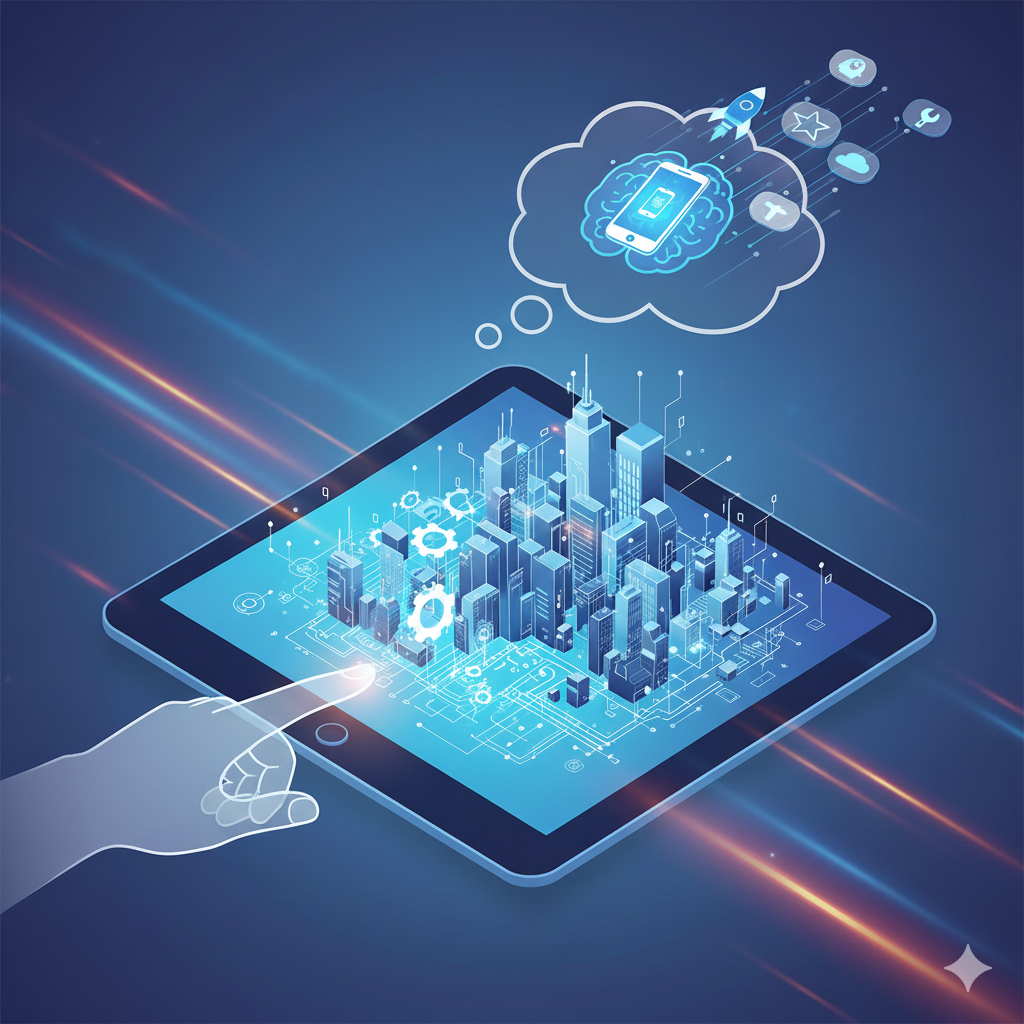Futuristic isometric illustration of app development with tablet cityscape and innovation thought bubble showing mobile app creation