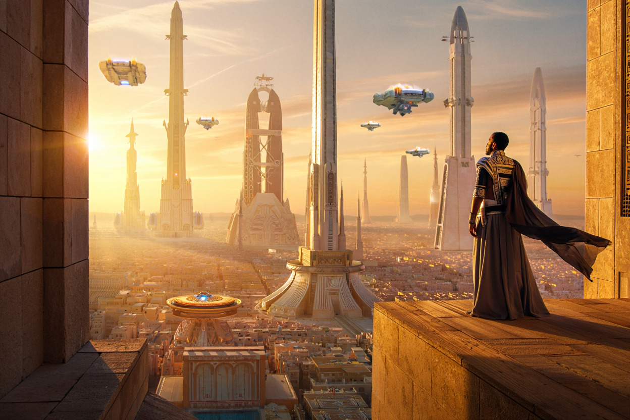 Futuristic cityscape of Linear City with towering spires and flying vessels