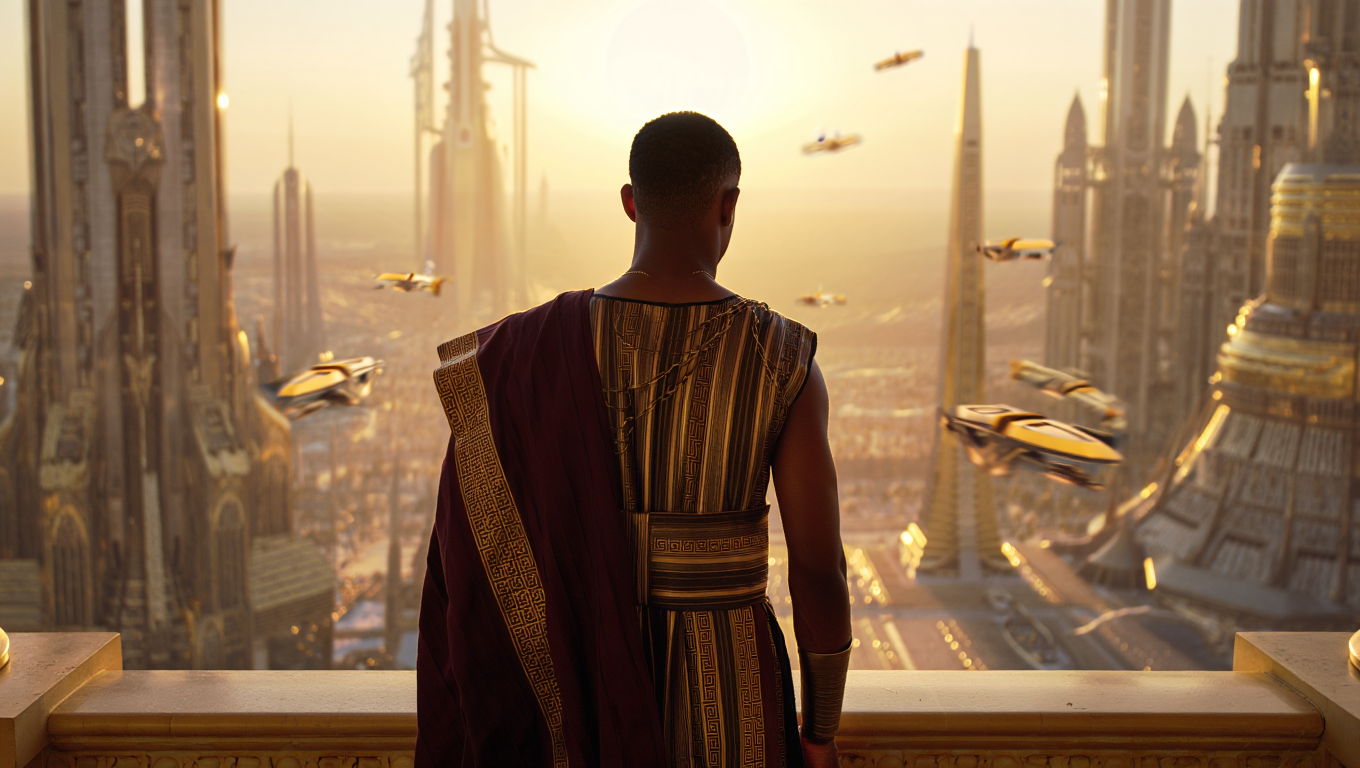 Man in robes overlooking futuristic Linear City with flying ships and towers