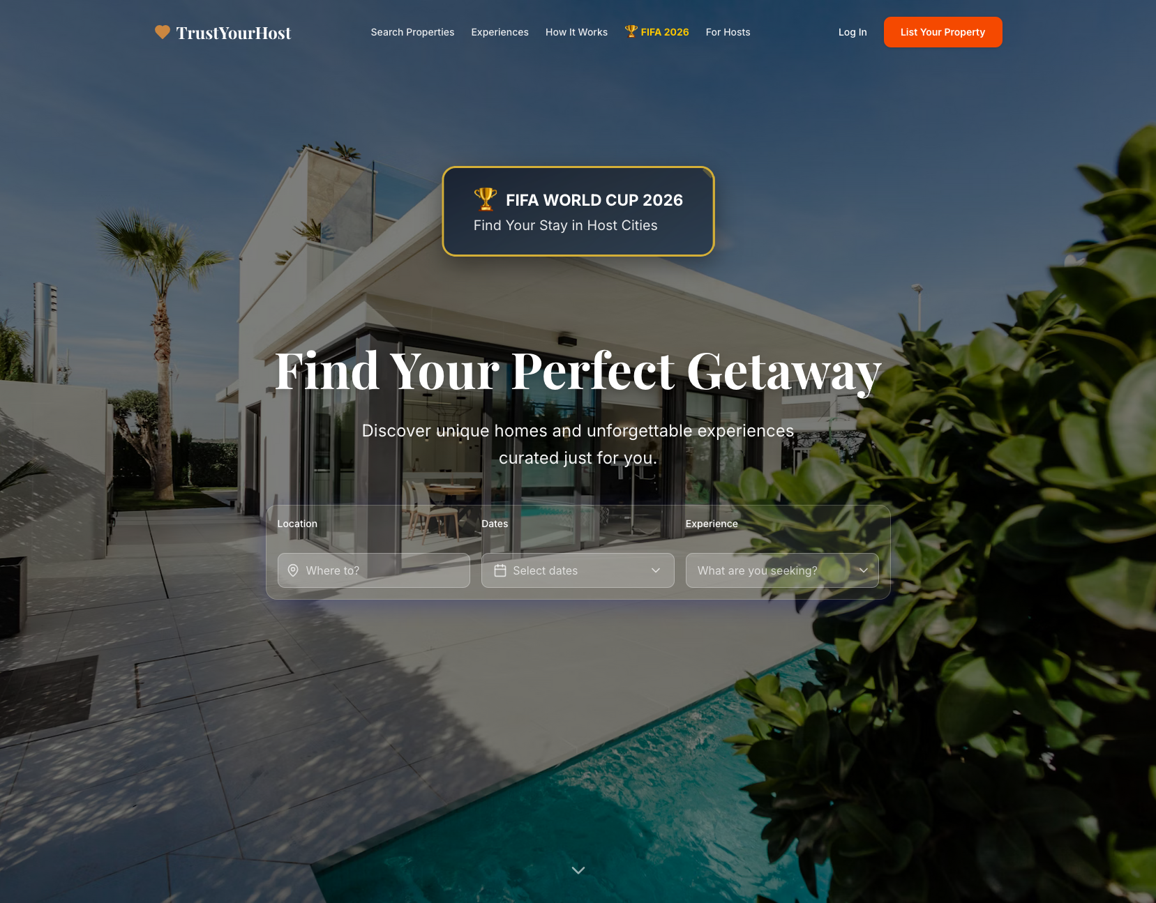 TrustYourHost homepage featuring luxury villa with pool and FIFA World Cup 2026 booking interface